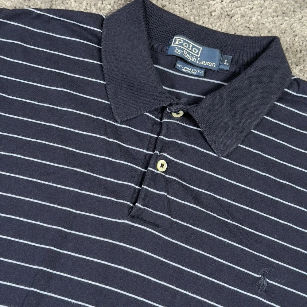 POLO RALPH LAUREN SHIRT Men's Large Navy Blue Striped Golf Short Sleeve Polo